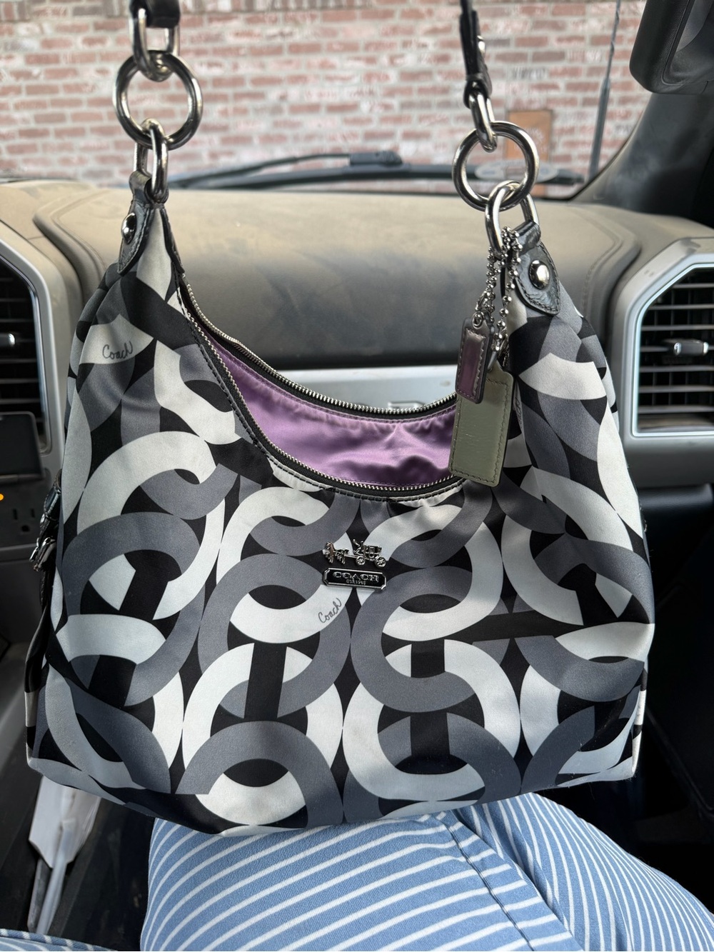 Coach 2010 Black & Gray Signature Print Shoulder Bag with Lavender Lining